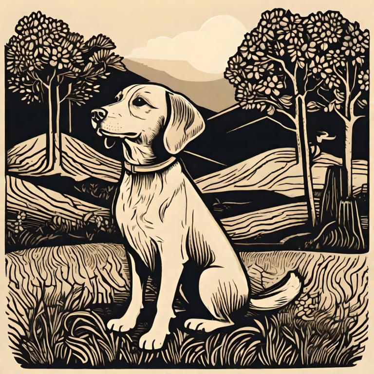 Woodcut,Woodcut, Animal, dog, no humans, dog, outdoors, tree, monochrome, looking up, grass, solo, standing