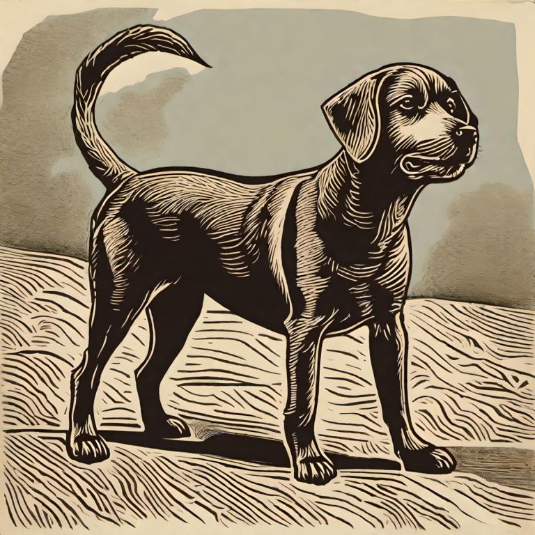 Woodcut,Woodcut, Animal, dog, no humans, solo, full body, monochrome, pokemon (creature), sand, tail