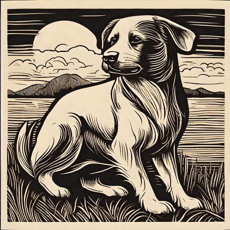 Woodcut,Woodcut, Animal, dog, no humans, fine art parody, monochrome, cloud, parody, solo, sky, dog