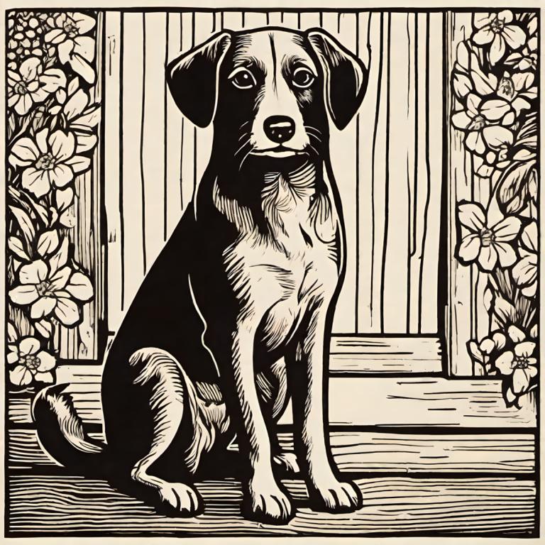 Woodcut,Woodcut, Animal, dog, monochrome, greyscale, dog, no humans, flower, solo, animal