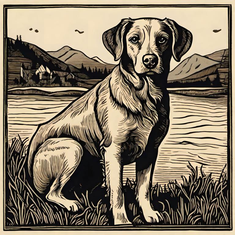 Woodcut,Woodcut, Animal, dog, no humans, monochrome, dog, outdoors, border, grass, mountain, solo, greyscale