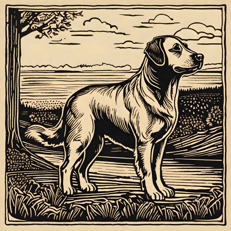 Woodcut,Woodcut, Animal, dog, no humans, dog, monochrome, grass, solo, cloud, border, outdoors, tree, sky