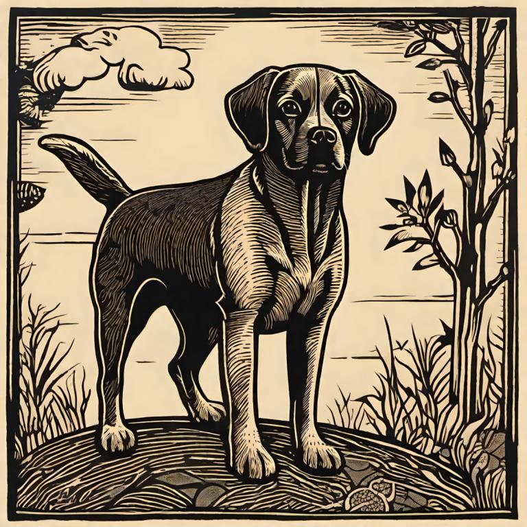 Woodcut,Woodcut, Animal, dog, no humans, dog, monochrome, tree, grass, cloud, outdoors, solo, fine art parody