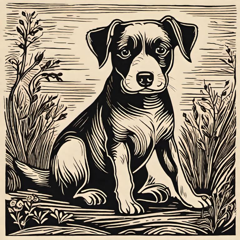 Woodcut,Woodcut, Animal, dog, monochrome, no humans, greyscale, solo, tree, dog, full body, grass, leaf