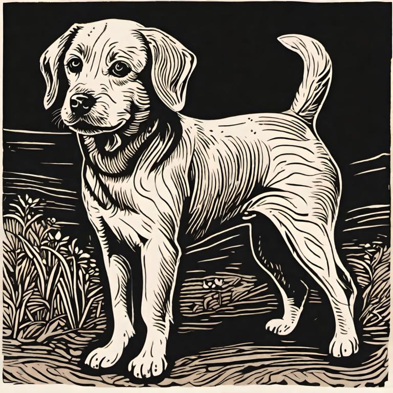 Woodcut,Woodcut, Animal, dog, no humans, monochrome, greyscale, animal focus, plant, dog, animal