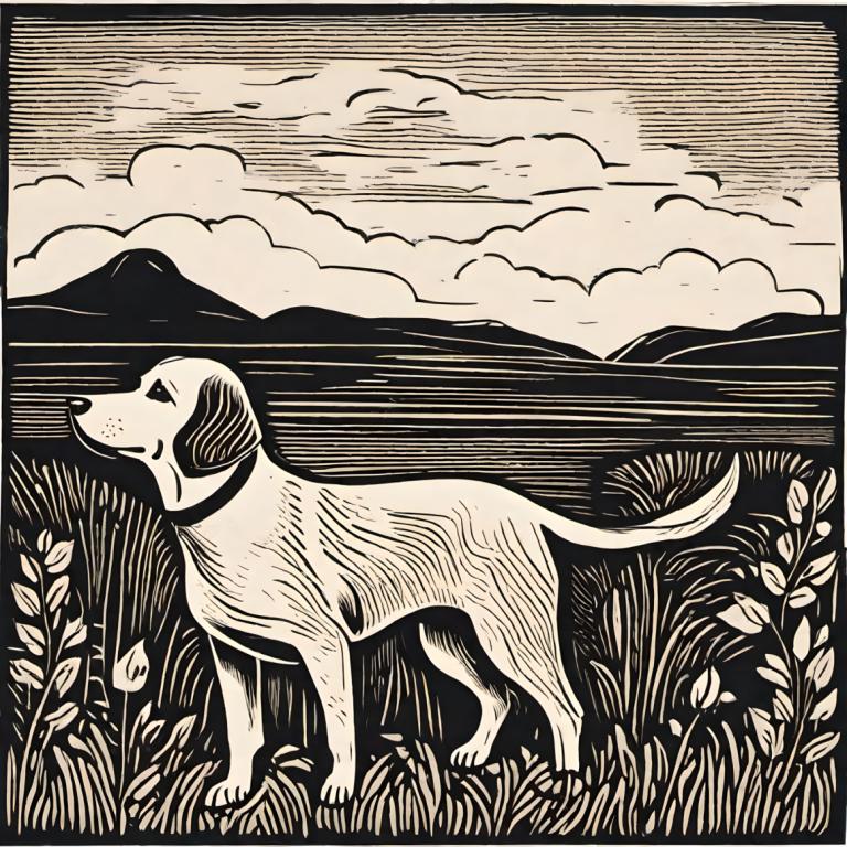 Woodcut,Woodcut, Animal, dog, monochrome, greyscale, no humans, outdoors, cloud, grass, sky, mountain, border