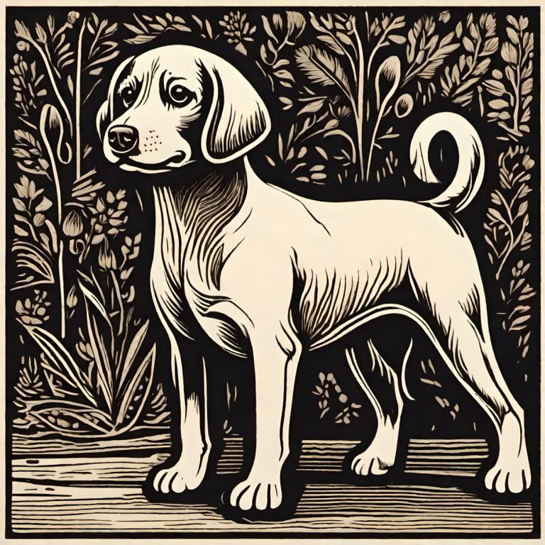 Woodcut,Woodcut, Animal, dog, monochrome, no humans, plant, dog, greyscale, border, freckles, solo