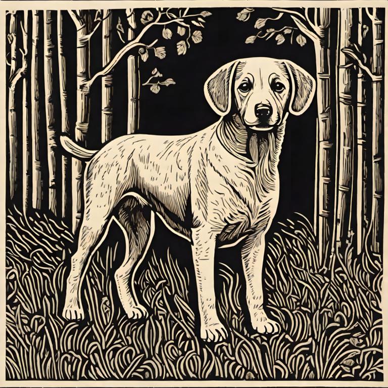 Woodcut,Woodcut, Animal, dog, no humans, dog, monochrome, nature, bamboo, forest, greyscale