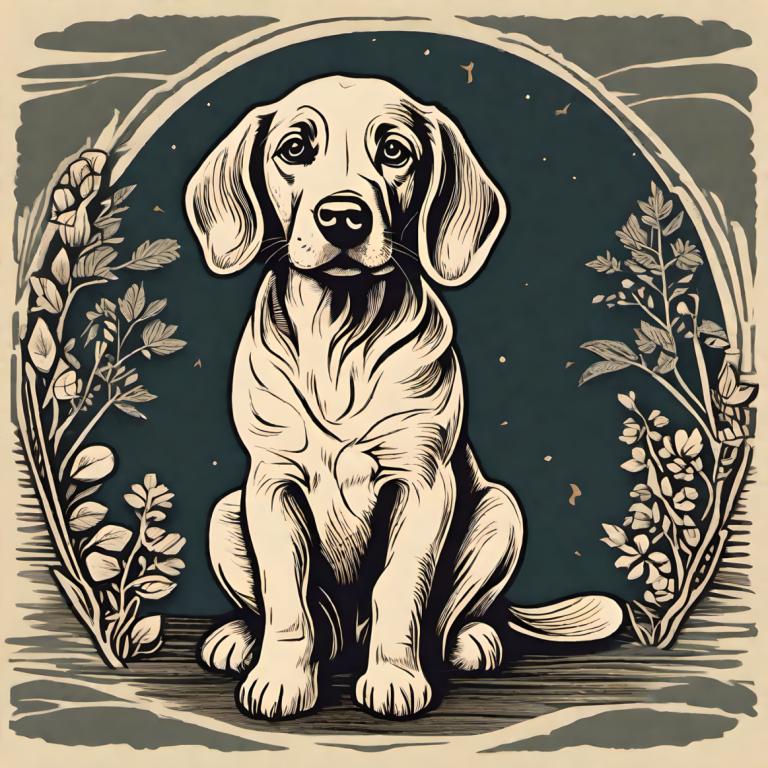 Woodcut,Woodcut, Animal, dog, no humans, dog, animal focus, monochrome, flower, plant, full body, solo