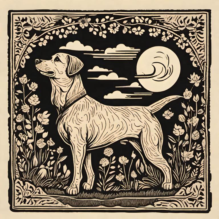 Träsnitt,Träsnitt, Djur, hund, inga människor, måne, blomma, moln, svartvit, hund, himmel, gräs, art nouveau