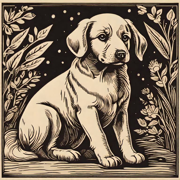 Woodcut,Woodcut, Animal, dog, no humans, dog, monochrome, animal focus, border, greyscale, plant, flower