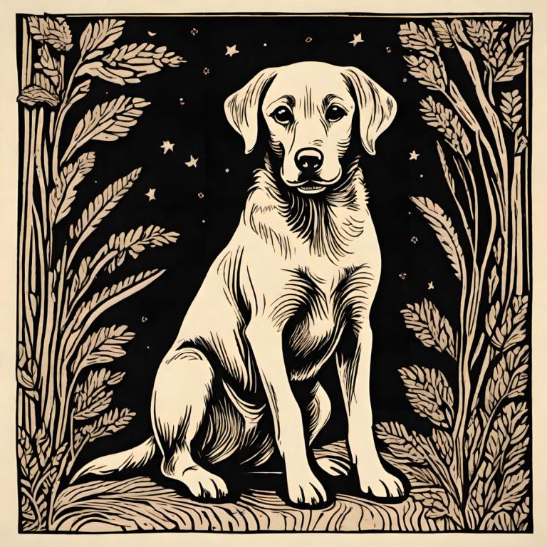 Woodcut,Woodcut, Animal, dog, no humans, monochrome, tree, dog, border, nature, star (sky), outdoors