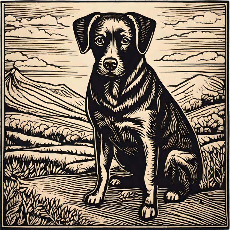 Woodcut,Woodcut, Animal, dog, monochrome, no humans, greyscale, solo, dog, cloud, outdoors, border, sky