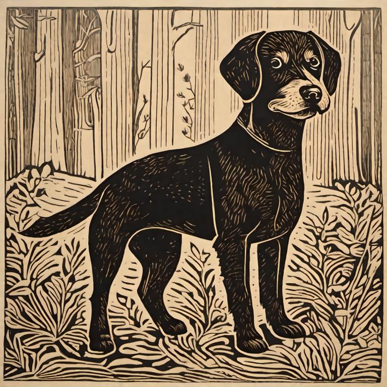 Woodcut,Woodcut, Animal, dog, no humans, dog, monochrome, nature, solo, tree, animal focus, traditional media