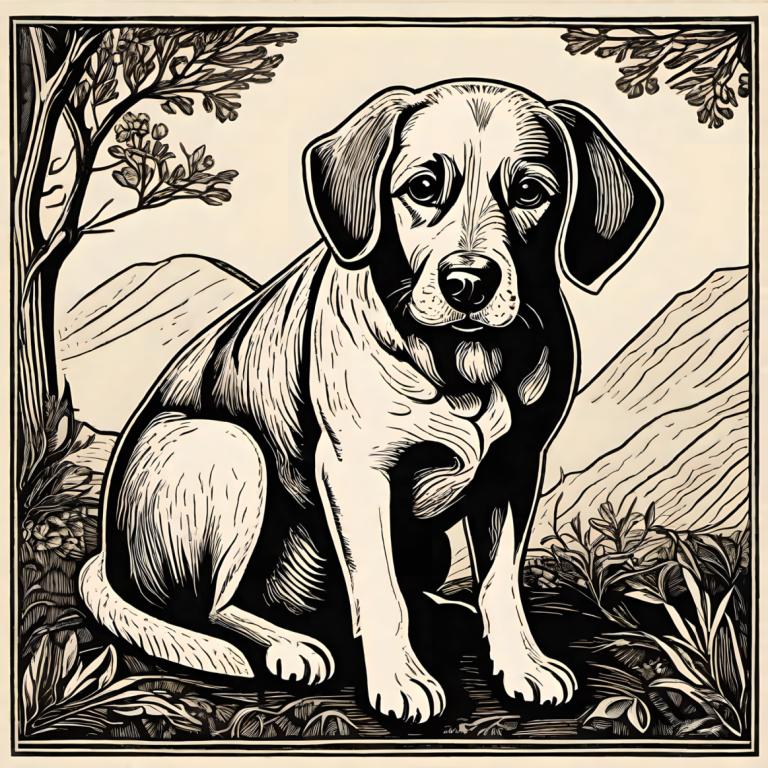 Woodcut,Woodcut, Animal, dog, no humans, monochrome, greyscale, dog, tree, solo, border, animal focus