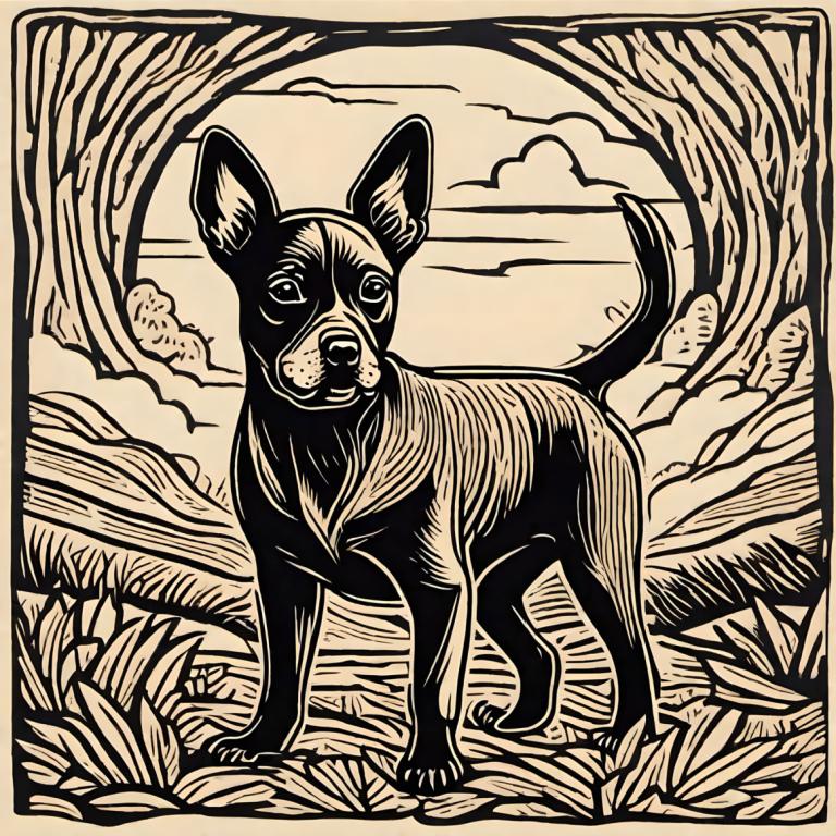 Woodcut,Woodcut, Animal, dog, monochrome, no humans, cloud, grass, solo, sky, tree, border, greyscale