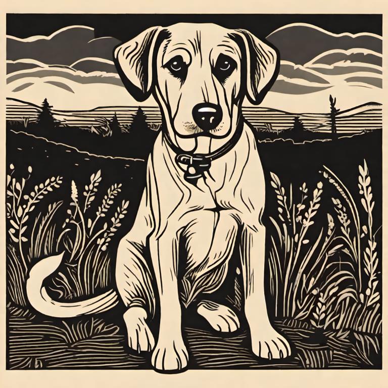 Woodcut,Woodcut, Animal, dog, dog, no humans, monochrome, grass, outdoors, collar, parody, cloud, solo