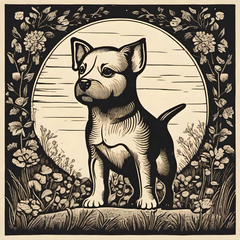 Woodcut,Woodcut, Animal, dog, no humans, monochrome, flower, dog, grass, animal focus, solo, outdoors, border