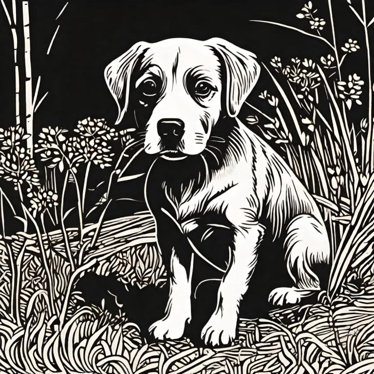 Woodcut,Woodcut, Animal, dog, greyscale, monochrome, flower, open mouth, solo, plant, no humans