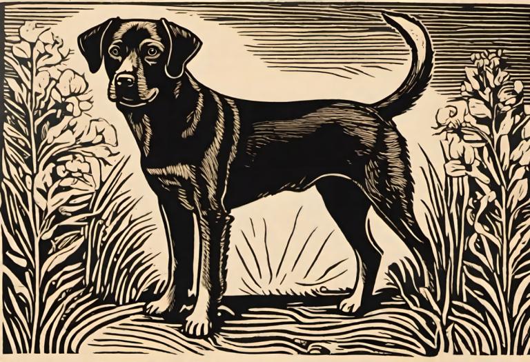 Woodcut,Woodcut, Animal, dog, no humans, dog, monochrome, animal focus, flower, grass, plant, solo, animal