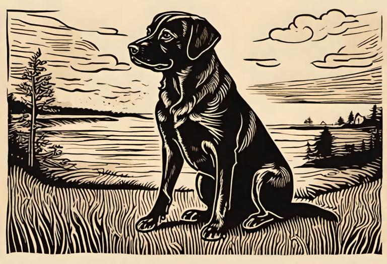 Woodcut,Woodcut, Animal, dog, no humans, monochrome, cloud, grass, outdoors, dog, pokemon (creature), sky