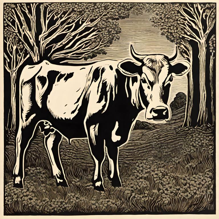 Woodcut,Woodcut, Animal, cattle, monochrome, tree, no humans, solo, horns, nature, border, outdoors, grass