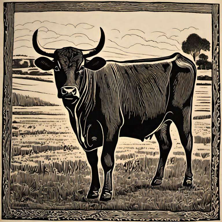 Woodcut,Woodcut, Animal, cattle, monochrome, horns, grass, no humans, solo, outdoors, border, tree