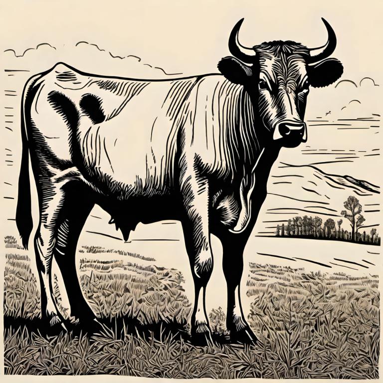 Woodcut,Woodcut, Animal, cattle, horns, monochrome, no humans, outdoors, solo, grass, cloud, cow, sky