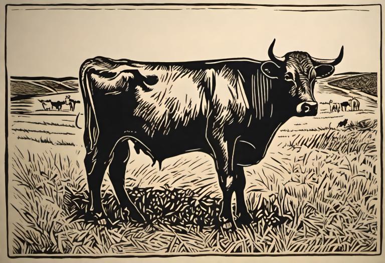 Woodcut,Woodcut, Animal, cattle, monochrome, grass, no humans, outdoors, horns, cow, fine art parody, parody