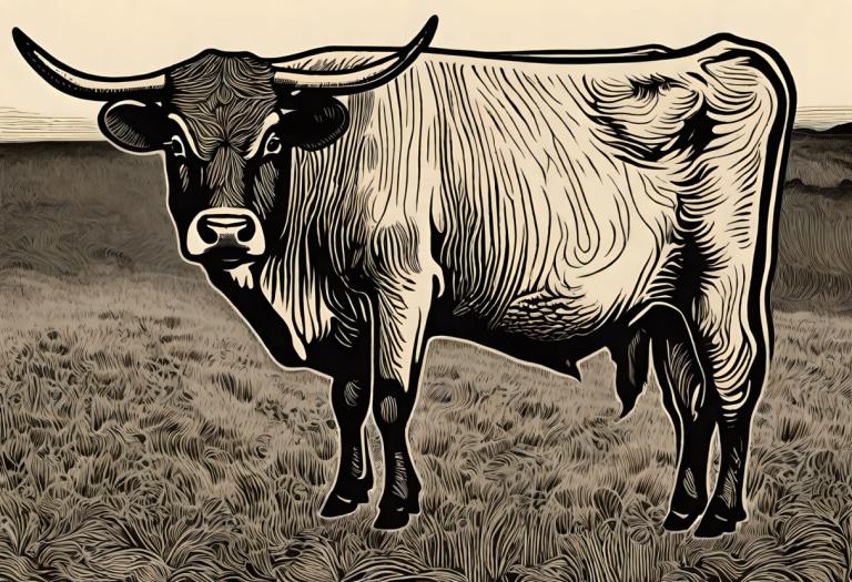 Woodcut,Woodcut, Animal, cattle, no humans, horns, monochrome, grass, solo, fine art parody, outdoors