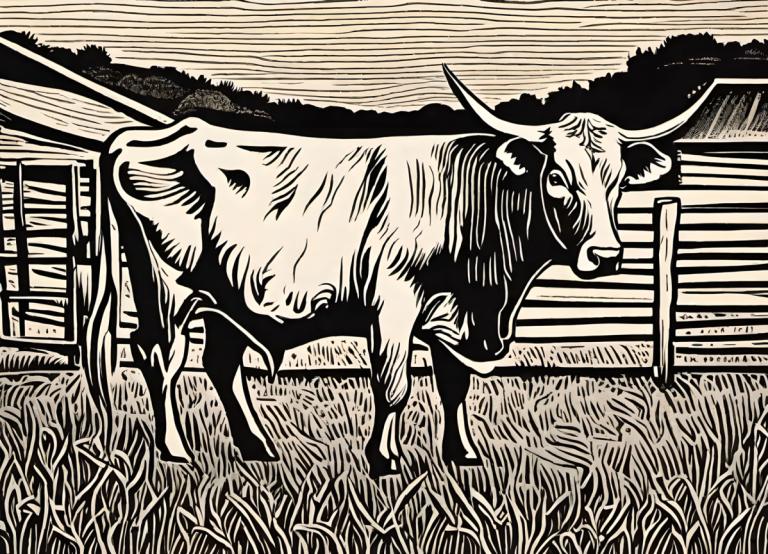 Woodcut,Woodcut, Animal, cattle, monochrome, no humans, grass, solo, outdoors, greyscale, horse