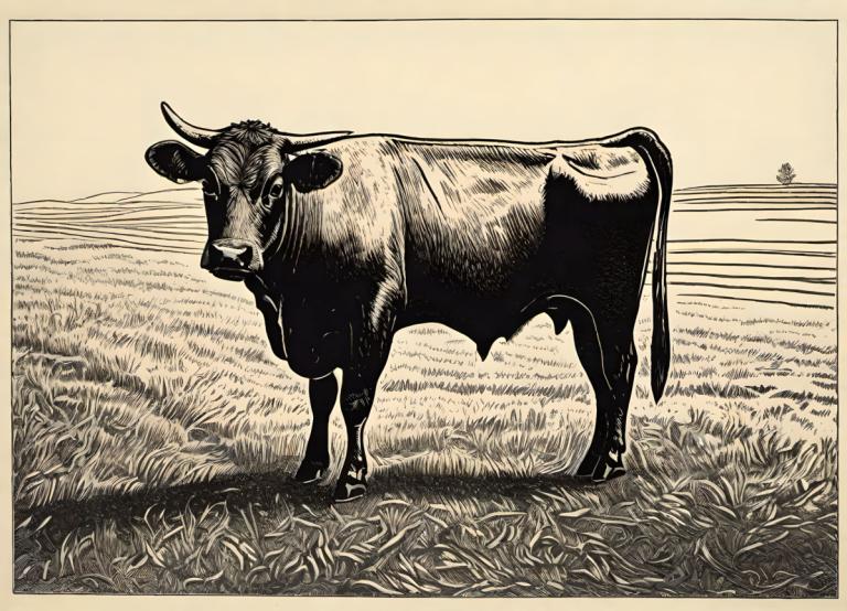 Gravure sur bois,Gravure sur bois, Animal, bétail, herbe, monochrome, en plein air, pas d'humains, solo