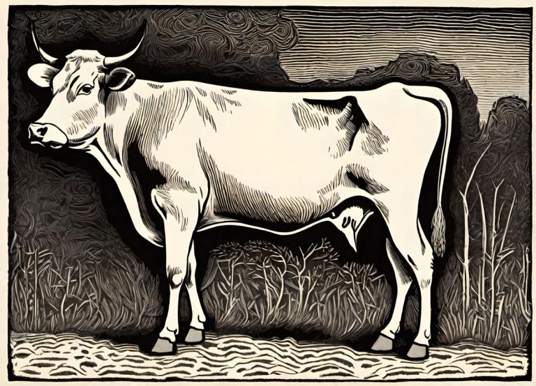 Woodcut,Woodcut, Animal, cattle, fine art parody, no humans, monochrome, horns, grass, solo, cow, parody