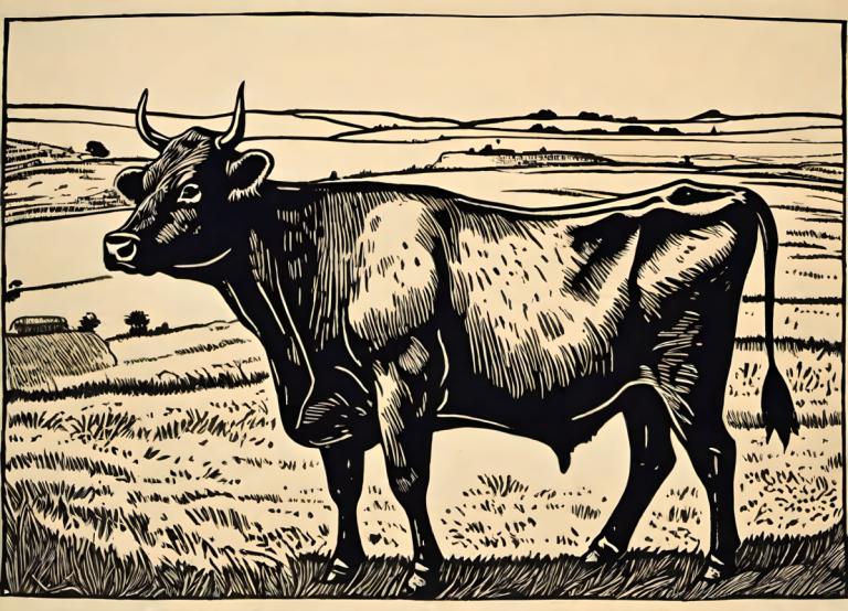 Woodcut,Woodcut, Animal, cattle, no humans, grass, monochrome, outdoors, horns, solo, cow, tree