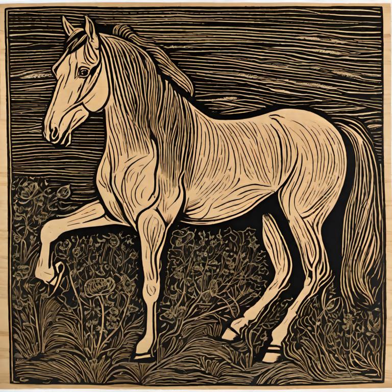 Woodcut,Woodcut, Animal, horse, no humans, horse, solo, border, monochrome, flower