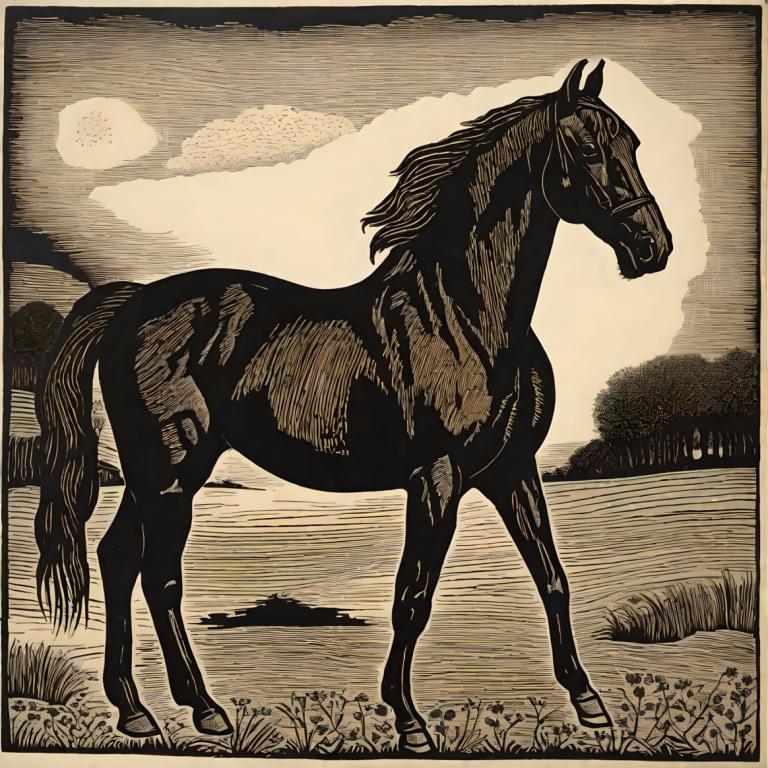 Woodcut,Woodcut, Animal, horse, horse, no humans, solo, traditional media, monochrome, horseback riding