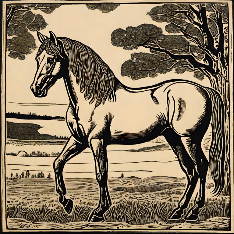 Woodcut,Woodcut, Animal, horse, no humans, tree, horse, monochrome, grass, solo, outdoors, signature