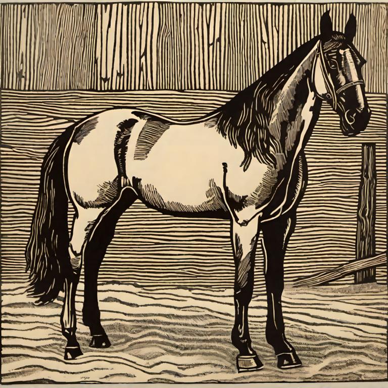 Woodcut,Woodcut, Animal, horse, no humans, monochrome, horse, solo, traditional media, fine art parody