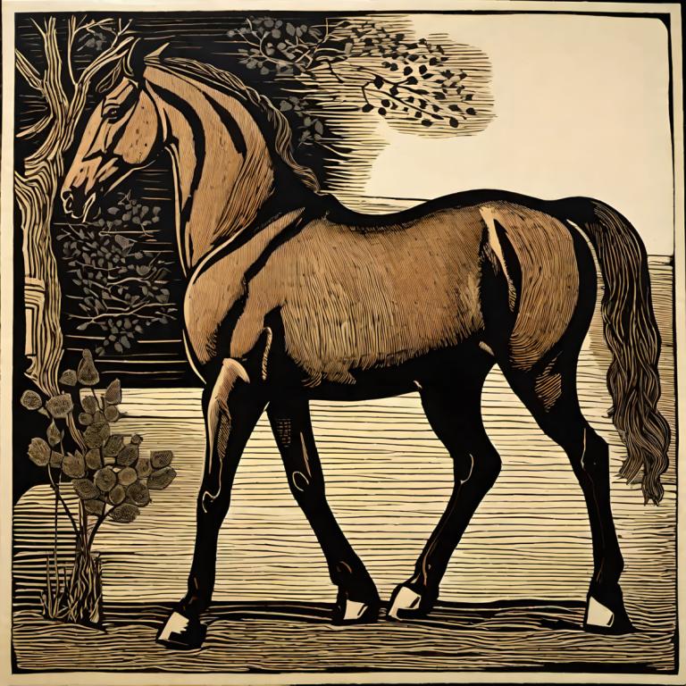 Woodcut,Woodcut, Animal, horse, no humans, solo, horse, plant, traditional media, fine art parody