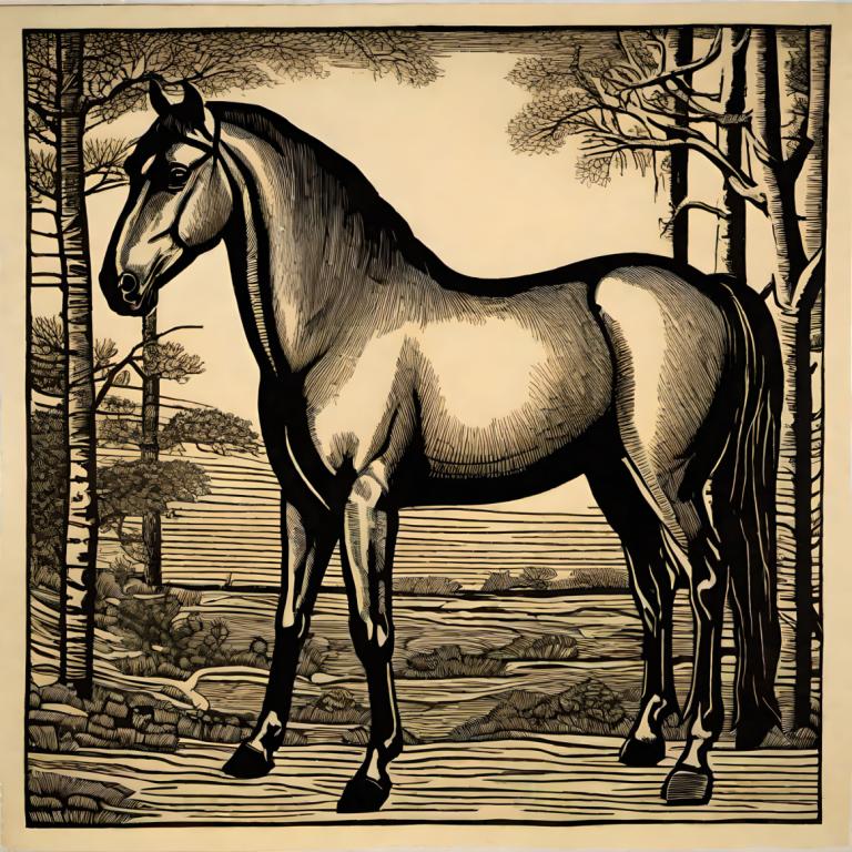 Woodcut,Woodcut, Animal, horse, no humans, horse, solo, tree, monochrome, traditional media, outdoors