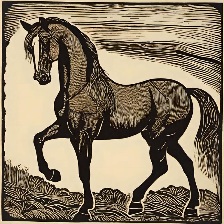 Woodcut,Woodcut, Animal, horse, no humans, horse, monochrome, horseback riding, solo, border