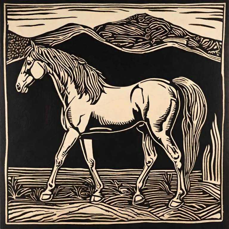 Woodcut,Woodcut, Animal, horse, monochrome, fine art parody, horse, solo, no humans, parody