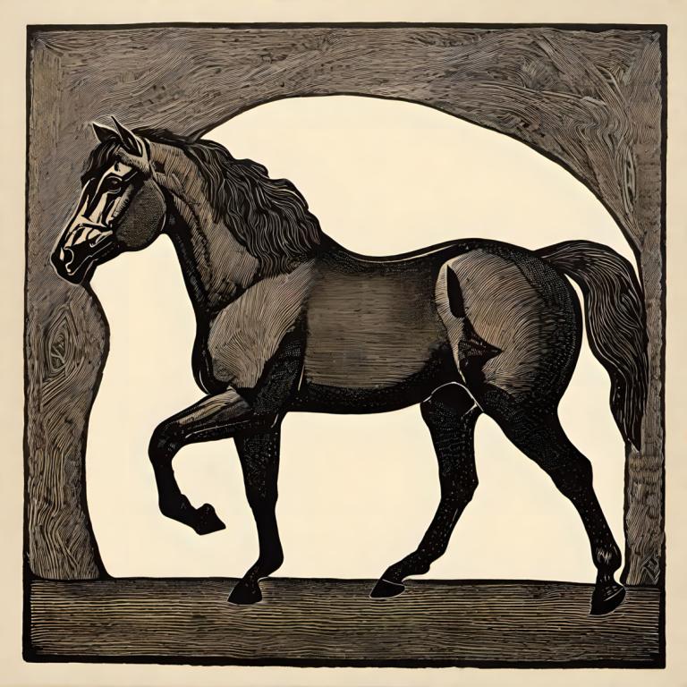 Woodcut,Woodcut, Animal, horse, horse, no humans, solo, traditional media, monochrome, full body, from side