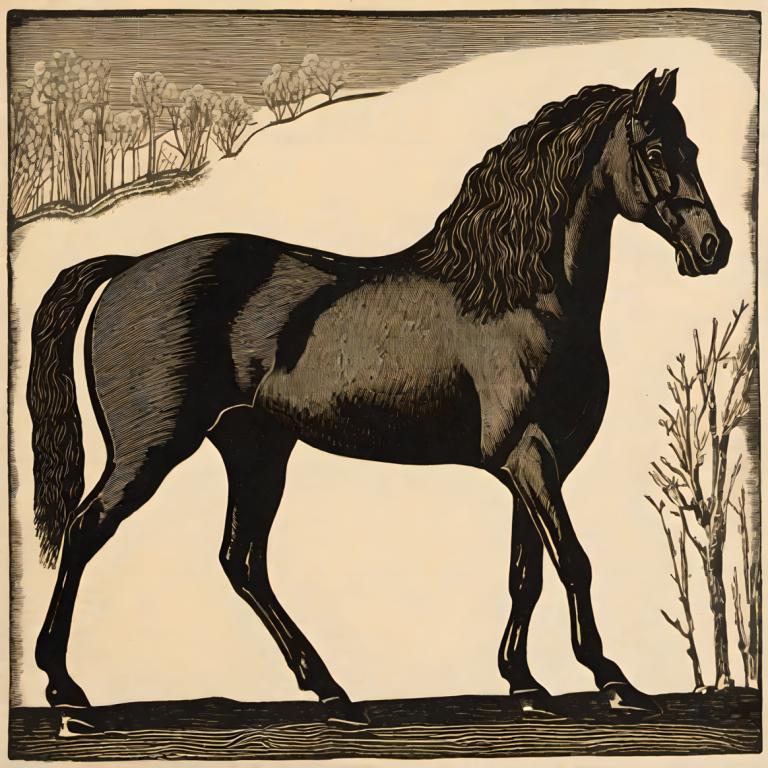 Woodcut,Woodcut, Animal, horse, no humans, traditional media, horse, tree, solo, bare tree, monochrome