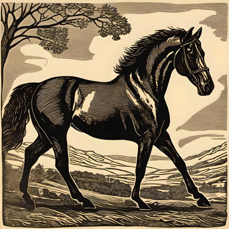 Woodcut,Woodcut, Animal, horse, no humans, horse, tree, solo, outdoors, cloud, traditional media, monochrome