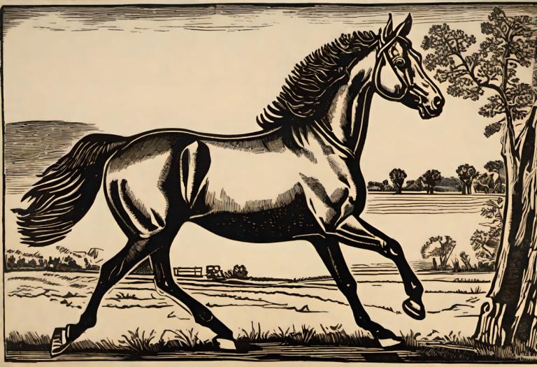 Woodcut,Woodcut, Animal, horse, no humans, horse, monochrome, tree, solo, outdoors, grass, border