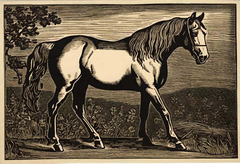 Woodcut,Woodcut, Animal, horse, no humans, horse, solo, monochrome, grass, outdoors, traditional media, tree