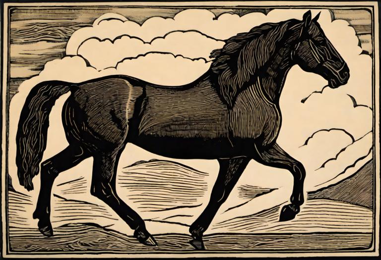 Woodcut,Woodcut, Animal, horse, no humans, cloud, horse, solo, monochrome, sky, full body, border, from side