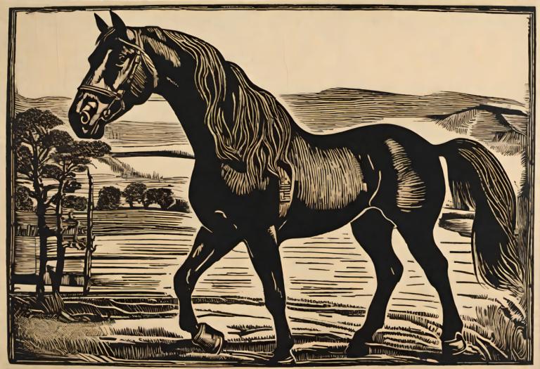 Woodcut,Woodcut, Animal, horse, horse, no humans, monochrome, tree, outdoors, fine art parody, solo