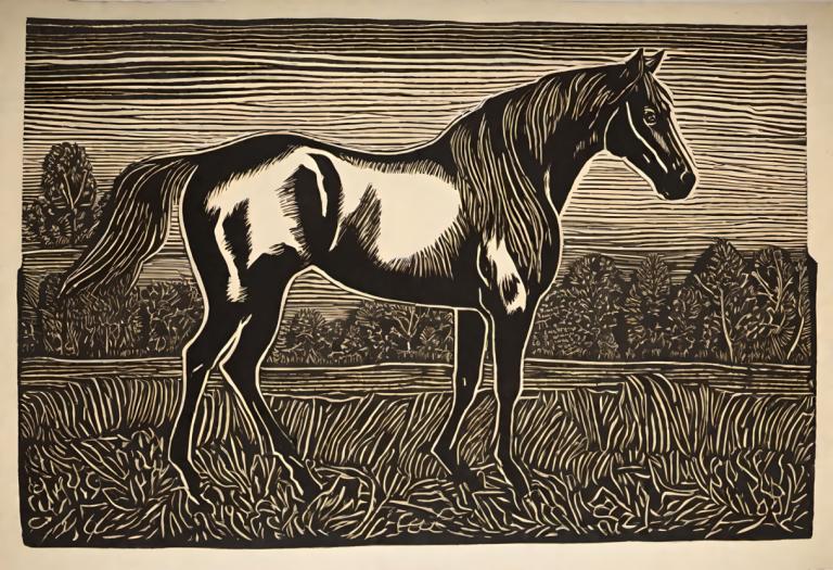 Woodcut,Woodcut, Animal, horse, no humans, monochrome, grass, solo, horse, from side, outdoors, border